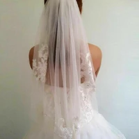 lastest look of the new style white ivory short 1t lace applique crystal bridal wedding veils