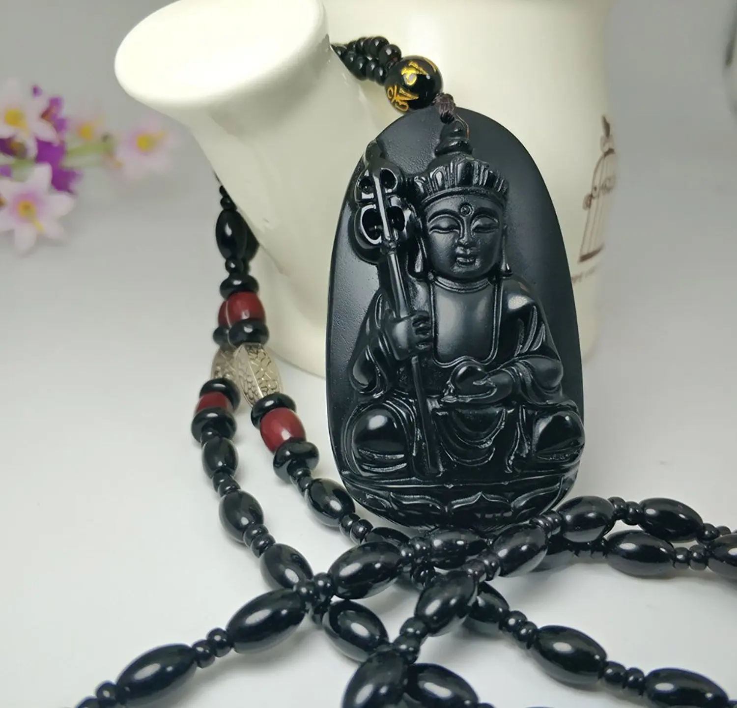 LETSFUN Fine Jewelry Clin-kk Pure Natural Obsidian Tibet Buddhism Jizo King Di Zang Buddha Necklace Pendant Free Shipping | Украшения и