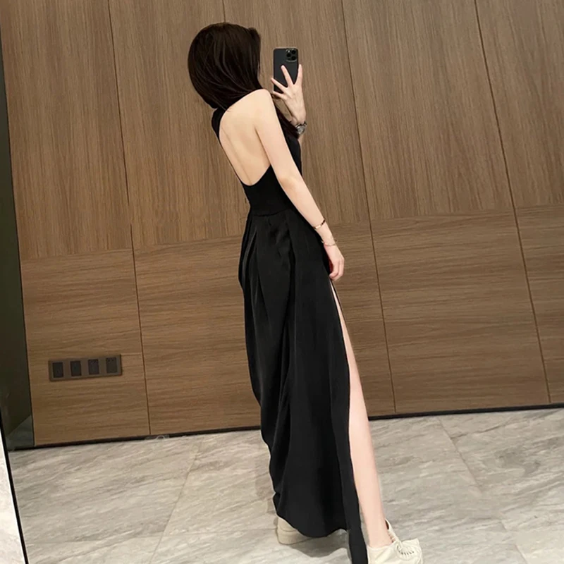 

GALCAUR Minimalist Black Backless Dress For Women O Neck Sleeveless High Waist Ruched Side Split Maxi Dresses Females 2021 Style
