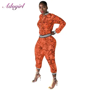 Женский Повседневный костюм из двух предметов, короткий жакет на молнии с длинным рукавом и брюки-карандаш со змеиным принтом, спортивный костюм большого размера