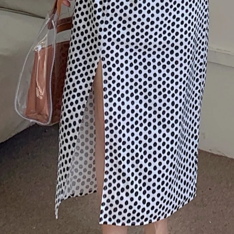 

Women Summer Korea Temperament Casual Fashion V-neck Robe Polka Dot Split Puff Sleeve Loose Dress 2021 Backless Lace Up Vestidos