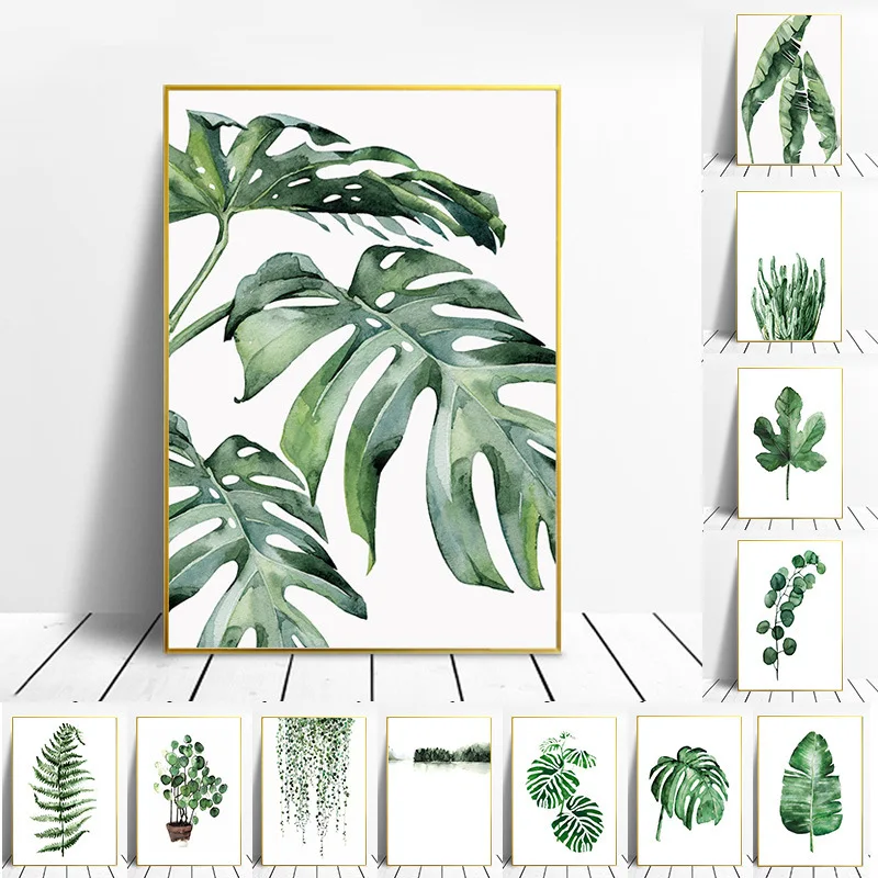 

Green Plants Monstera Cactus Maple Palm Leaf Art Printed Canvas Paintings Tropical Scandinavian Style Modern Decorative Pictures