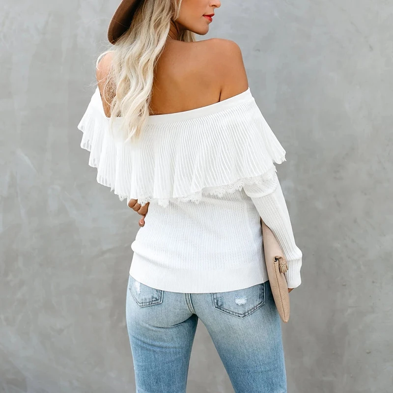 Шифоновый с открытыми плечами вязаный свитер оборками женский длинный рукав