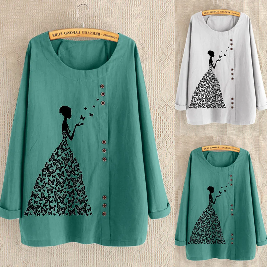 Женская блузка из хлопка и льна с цветочным принтом длинным рукавом круглым