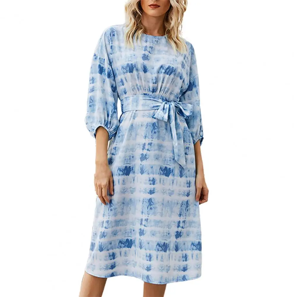 

Women Dress 2021 Summer Fashion tie dye Print Midi Dress Women Elegant With Mid-Sleeve Casual Dresses O-Neck High Waist