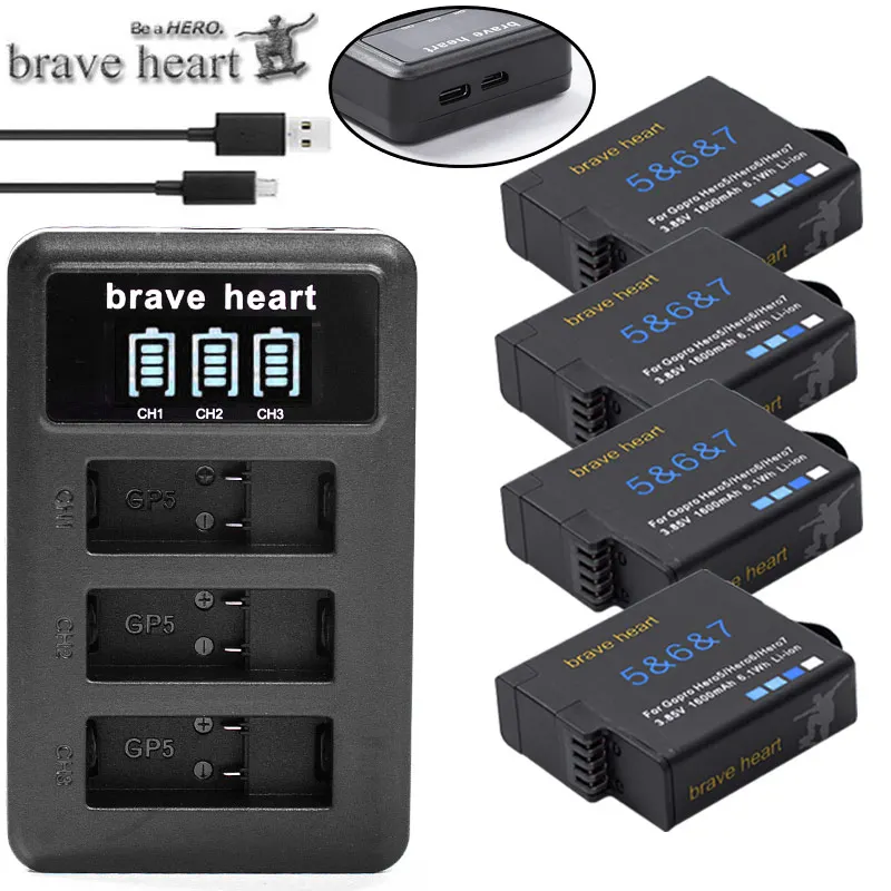 Bateria go pro hero 7 black battery hero 5 6 batterie+ 3 лота зарядное устройство для Gopro go pro hero 5 hero 6 7 black аксессуары для камеры - Цвет: charger and 4battery