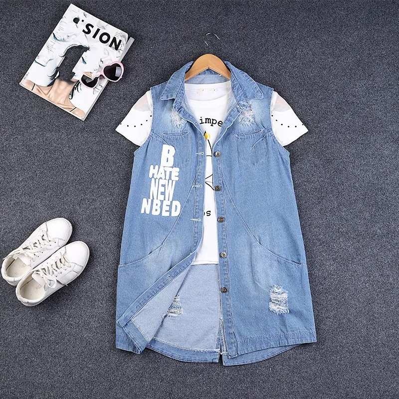 Женский джинсовый жилет с дырками большой размер S-9XL без рукавов куртка