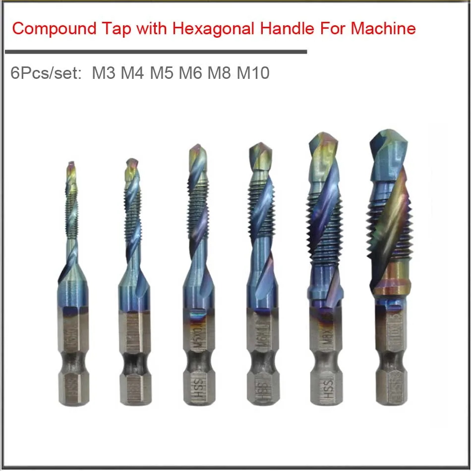 

1 PC M3 M4 M5 M6 M8 M10 HSSScrew Tap Three in One Compound Tap with Hexagon Shank for Drilling and Tapping Chamfering