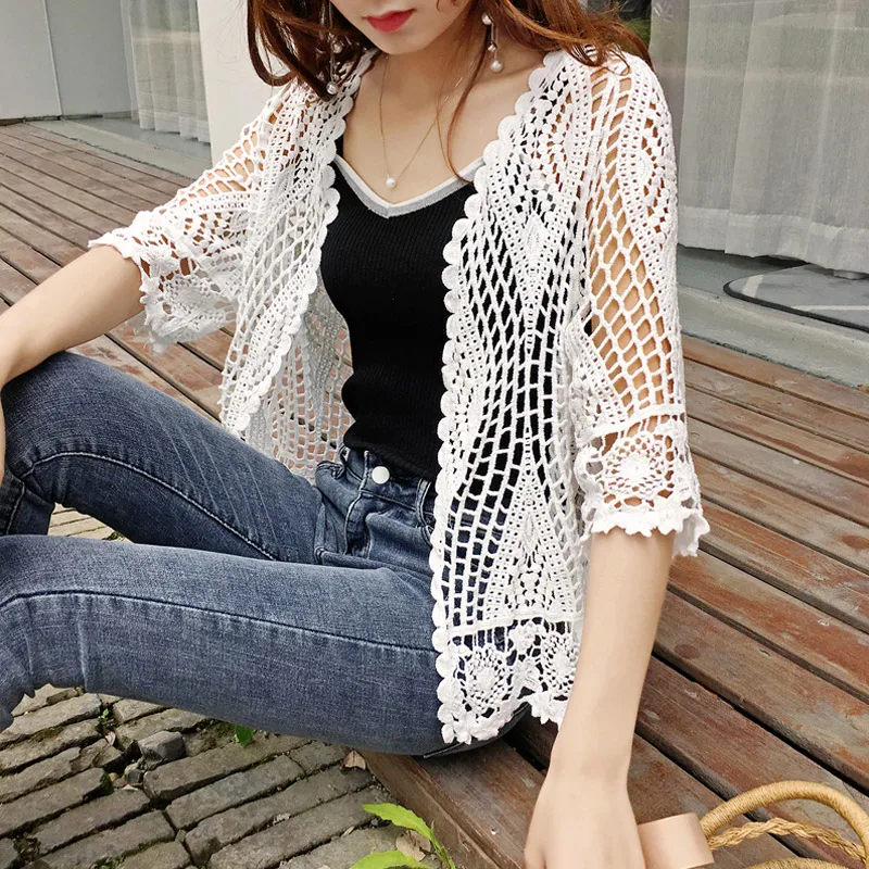 Женский вязаный ажурный кардиган Белый свободный винтажный ТРИКОТАЖНЫЙ