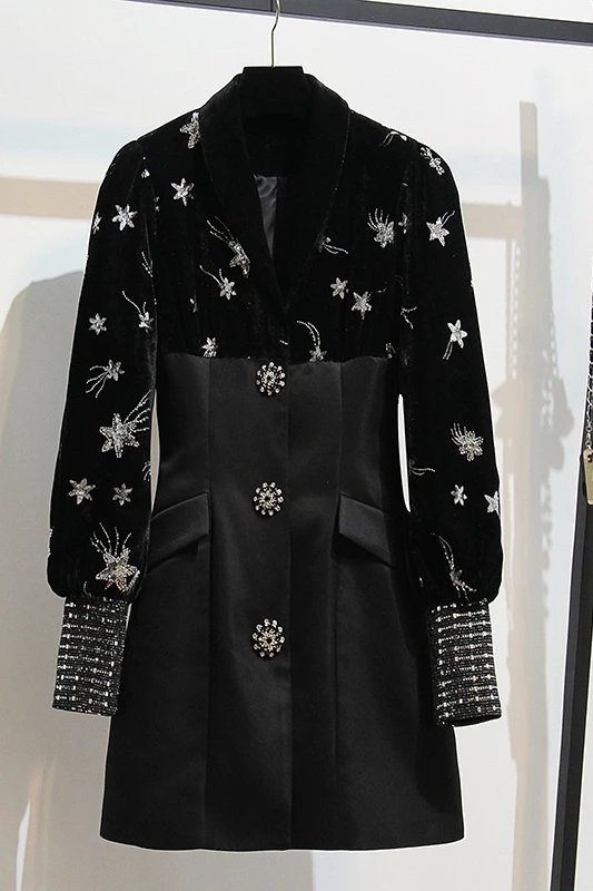 

DEAT 2021 new turn-down collar full sleeves single breasted embroidery high waist sequins patchwork dress female vestido WO51201