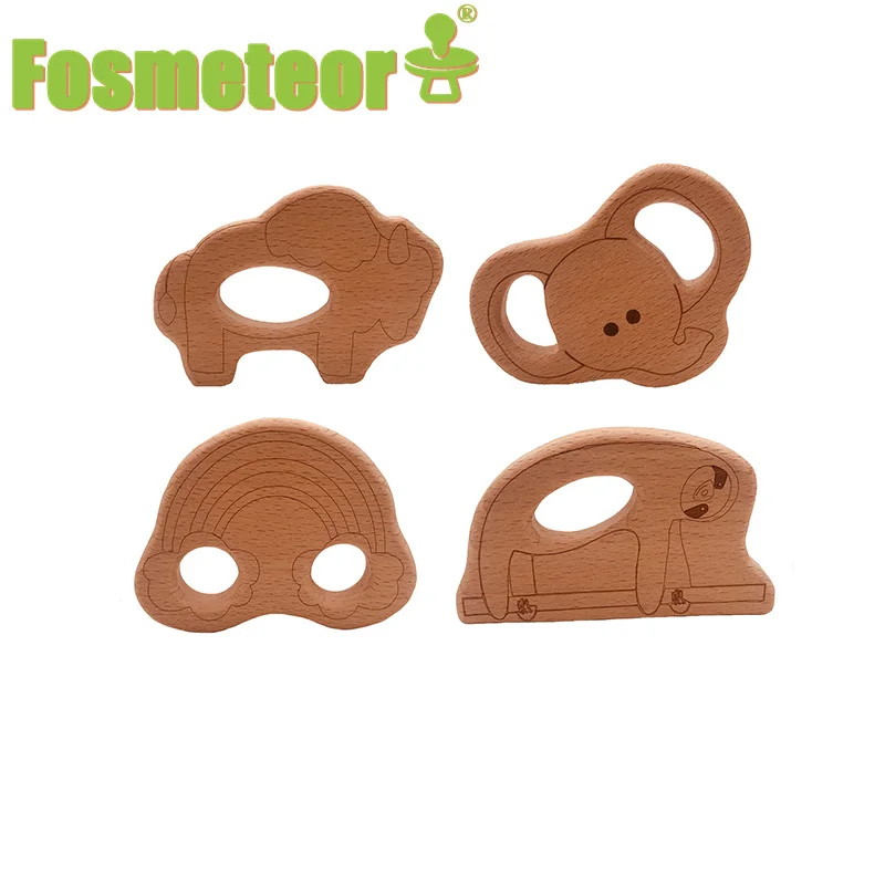 

Fosmeteor 1PCS Baby Teether Animal Wood Rings Unicorn Camera Hedgehog Food Grade Wooden Teether Nursing Pendant Teething Toys