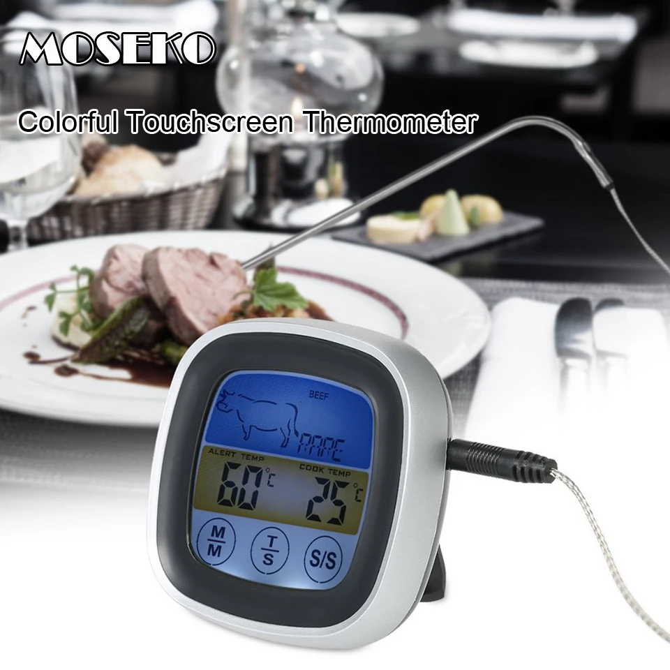 

Digital Meat Thermometer Oven Colorful Touchscreen Instant Read Probe Kitchen BBQ Cooking Thermometer with Timer Alert Function