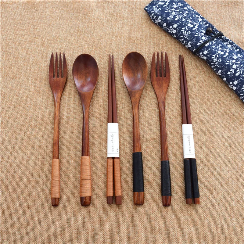 4Set/12pcs Tableware Set Bamboo Cutlery Set Wood Straw with Travel Cloth Bag Wooden Spoon Fork Knife Dinnerware Set Wholesale