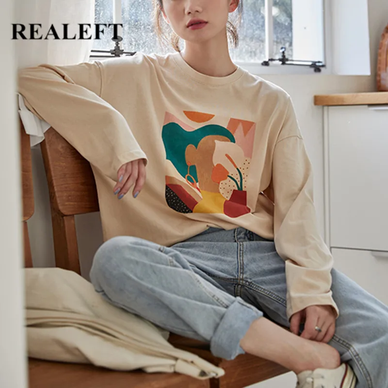 

REALEFT Autumn 2020 New Long Sleeve T-shirt Female Fashionable Round Neck Front Printed Casual Loose Women Shirts Tops