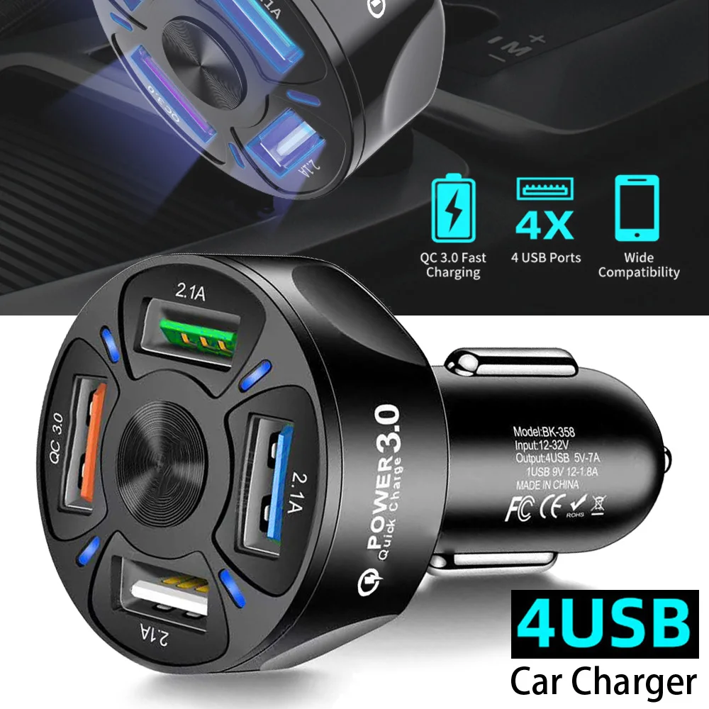 

QC3.0 4 Ports USB Car Charge 48W Quick 7A Mini Fast Charging for IPhone 11 Xiaomi Huawei Mobile Phone Charger Adapter In Car