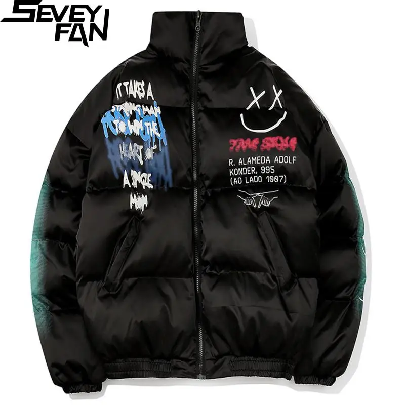 

SEVEYFAN Men's Winter Cartoon Smiley Face Graffiti Jackets Fashion Down Cotton Stand Collar Coat for Couples