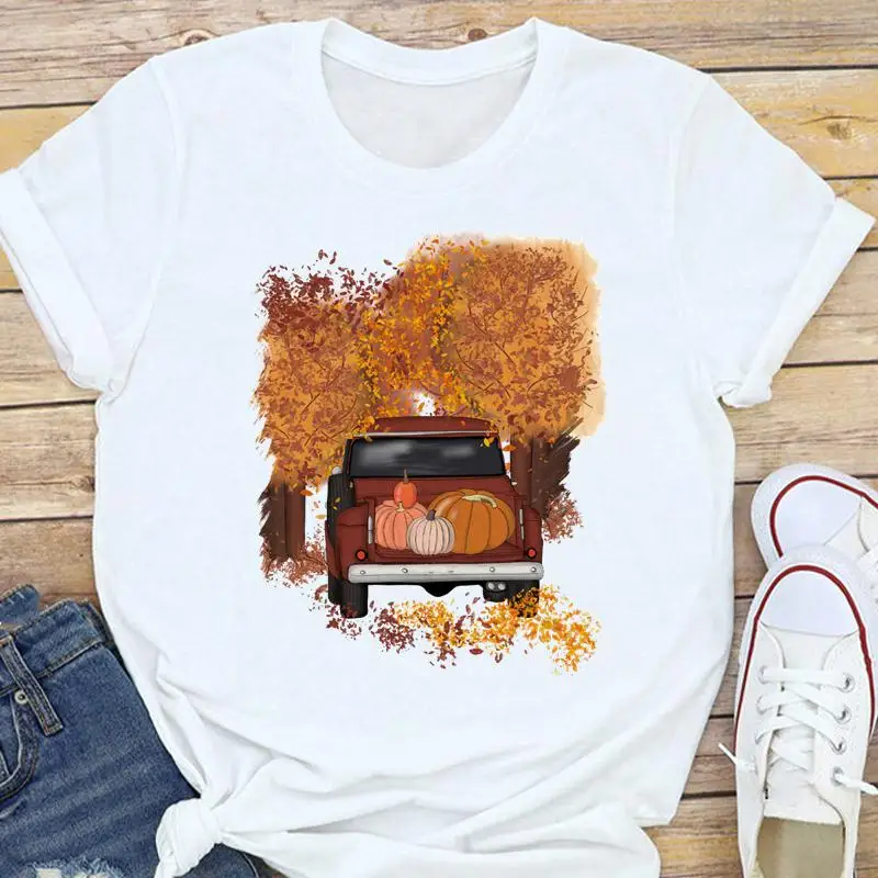 

Graphic Fashion Cute Tees Fall Autumn Women Pumpkin Halloween Thanksgiving Cartoon Print Female Clothes Tops Tshirt T-Shirt