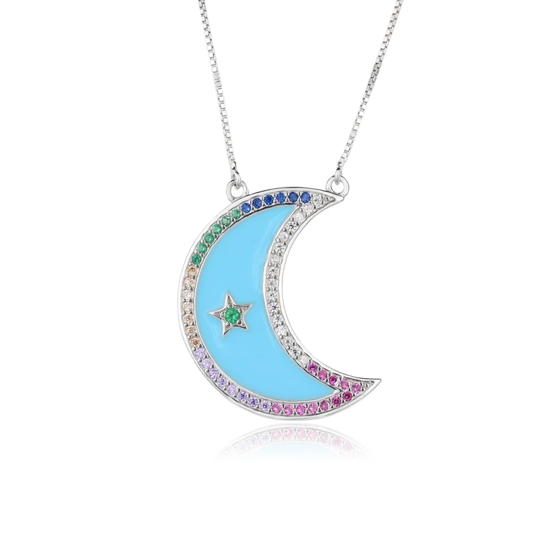 Newranos 925 Silver Necklace Enamel Crescent Moon Pendant Colorful Zirconias Statement Colar fr Women 's Jewelry NYX0031282 | Украшения