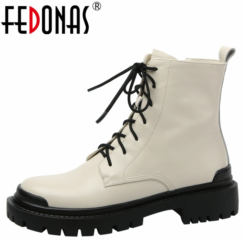 

FEDONAS Genuine Leather Motorcycle Boots Women Ankle Boots Autumn Winter Fashion Outdoor Casual Thick Heels 2022 New Shoes Woman