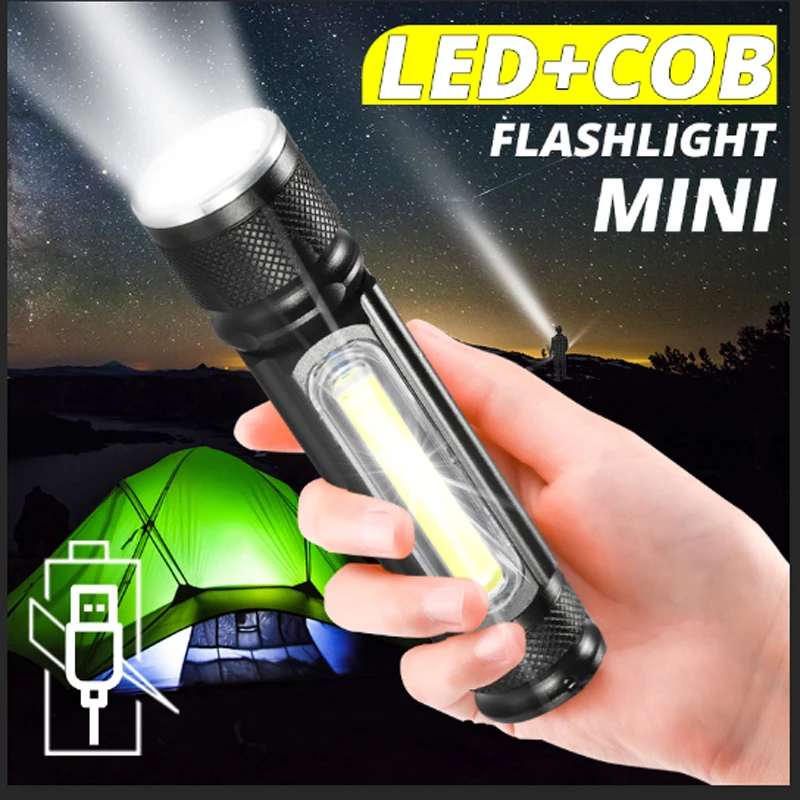 

Portable LED Flashlight USB Rechargeable built in battery Powerful T6 +COB zoom torch linterna tail magnet Work Light