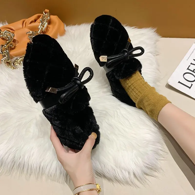 Winter The New Fur Shoes Women Fashion Casual Solid Slip-On Round Toe Butterfly-knot Plush Shallow Keep Warm High Quality Flock