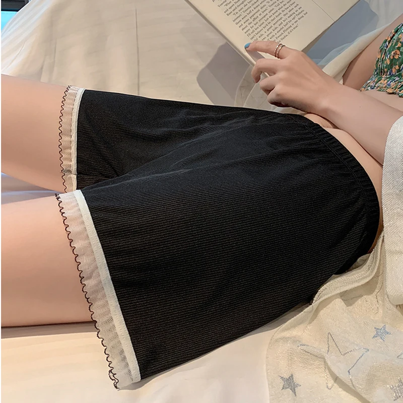 

Safety Short Pants Women Summer Lace Patchwork Ribbed High Waist Tights Under-skirt Thin Breathable Boxer Briefs Pajama Shorts