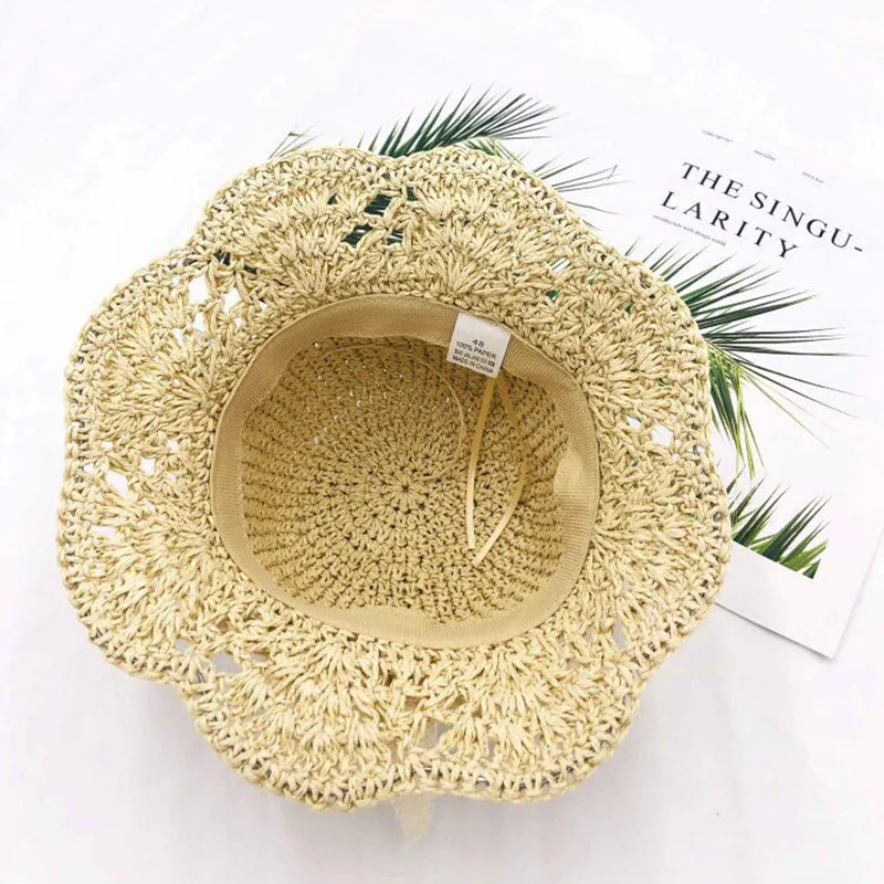 Детская соломенная шляпа с бантом летняя складная цветами и кружевом