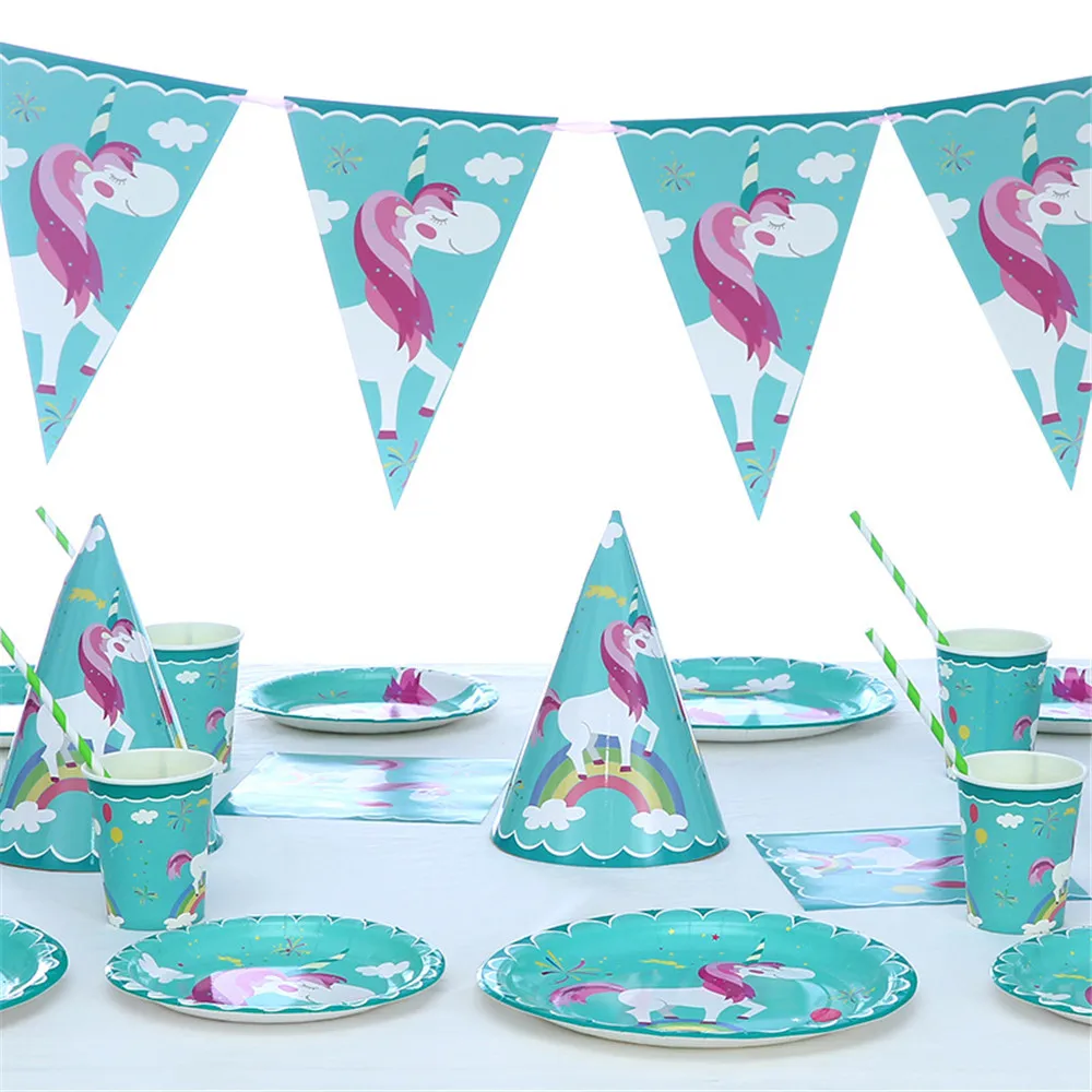 Зеленый Единорог детский праздник одноразовая посуда бумажные соломинки