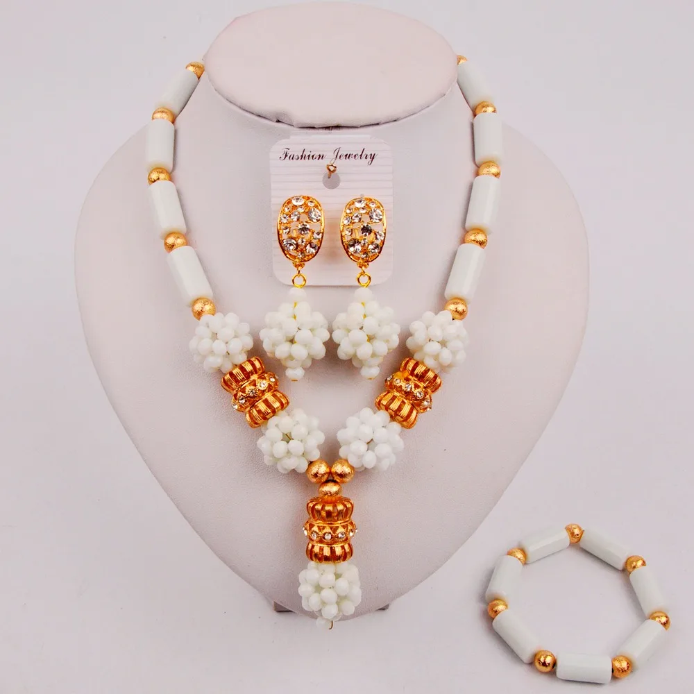 

Lovely White Crystal Costume African Jewelry Set Nigerian Traditional Beads Necklace Sets ZQ7-8