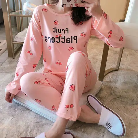 Pajamas suit Осенне-зимний пижамный комплект для женщин, полосатый хлопковый Длинный топ, длинные штаны, комплект из 2 предметов, пижамный комплект для женщин, милая одежда для сна, пижама для девочек - Color: Pajamas suit