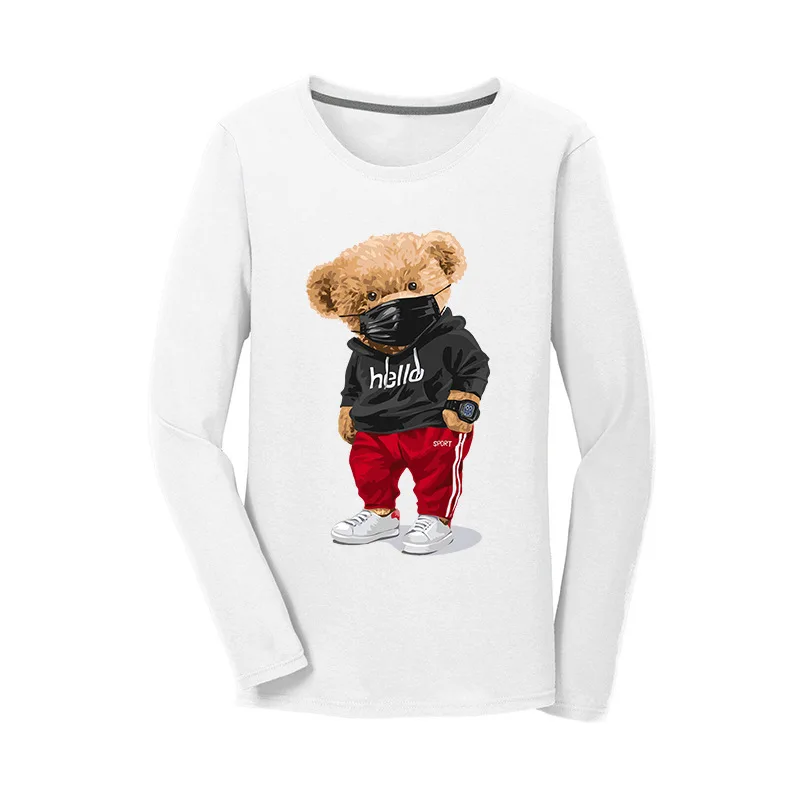 

Спортивная толстовка с длинным рукавом и принтом медведя, Женская осенне-зимняя повседневная толстовка из чистого хлопка 100%, Далянь, свитер...