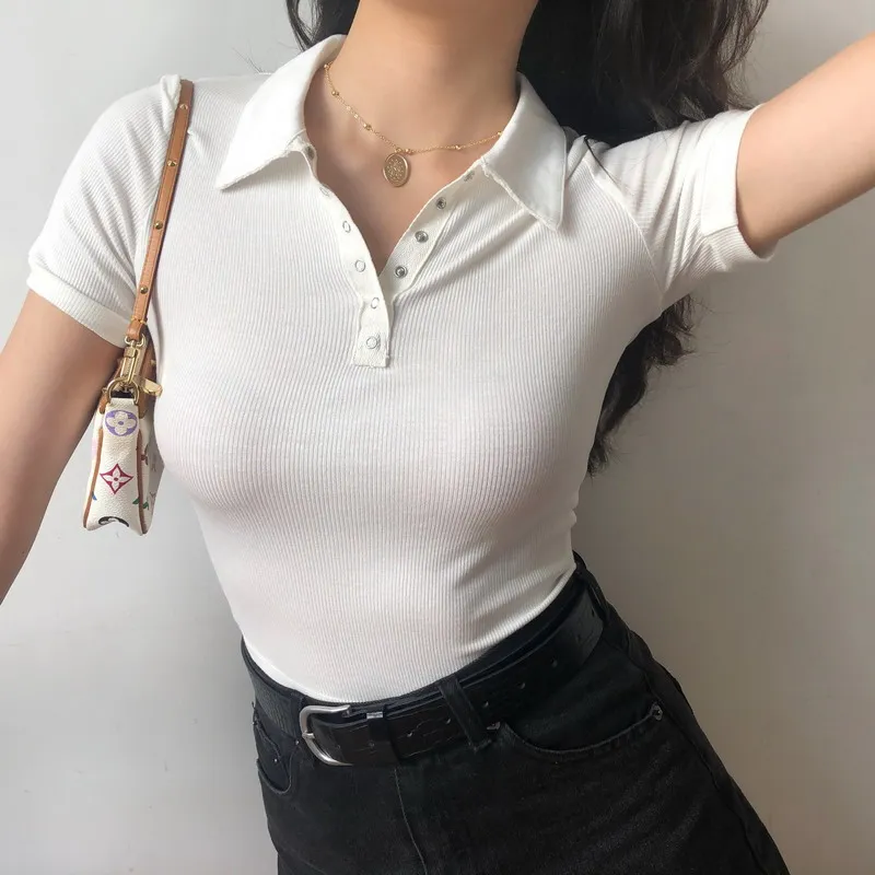 

European and American style polo collar retro knitted short sleeve women slim and slim solid color basic T-shirt