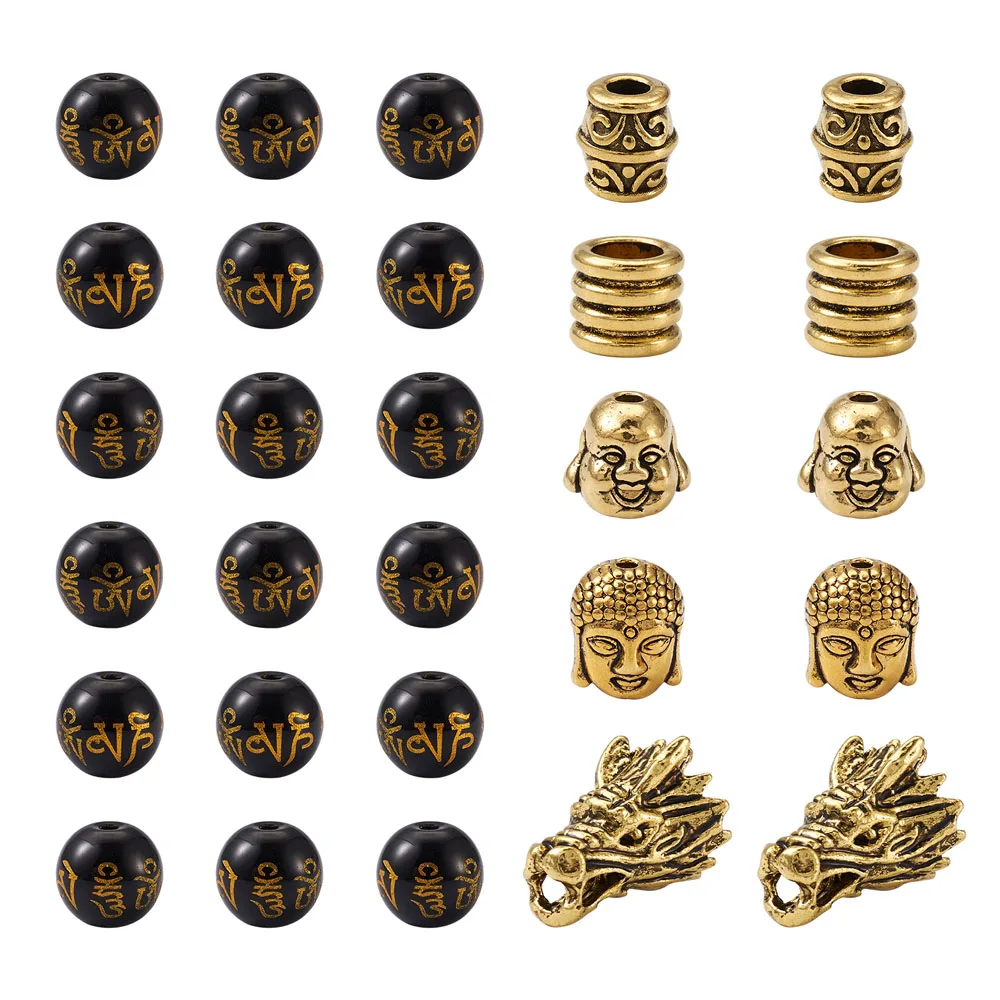 

155 pcs/set Tibetan Style Alloy Beads and Buddhist Glass Beads Buddha Head & Dragon Head & Column & Barrel & Round Antique Golde