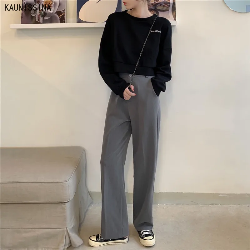

Woman Straight Casual Pants Formal High Waist Wide Leg Pants Female Loose Plus Size Trousers Elastic Waist Full Length Pant