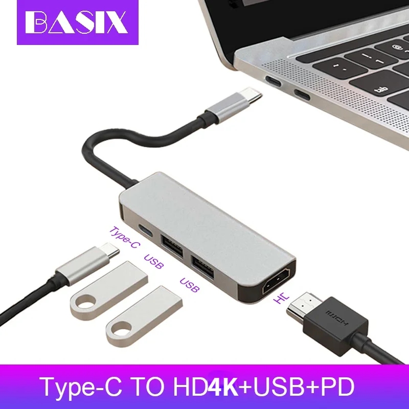 

Basix USB-C HUB Type C To HDMI-Compatible Hub USB3.0 Adapter PD Charge Port for MacBook Samsung Galaxy S8 Huawei P20 Usb C Hub