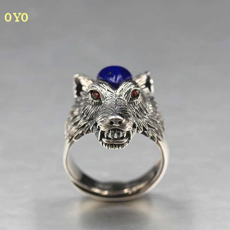 

100%925 silver ring Thai silver lapis lazuli inlaid wolf head ring Old hand-carved silver ring