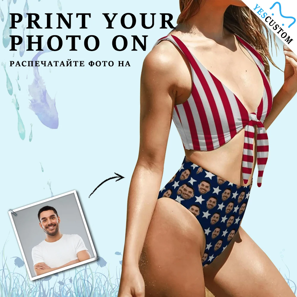 

YesCustom пользовательский лицевой спортивный топ, Национальный американский стиль, нагрудный ремень, топ, комплект бикини, женские купальники,...