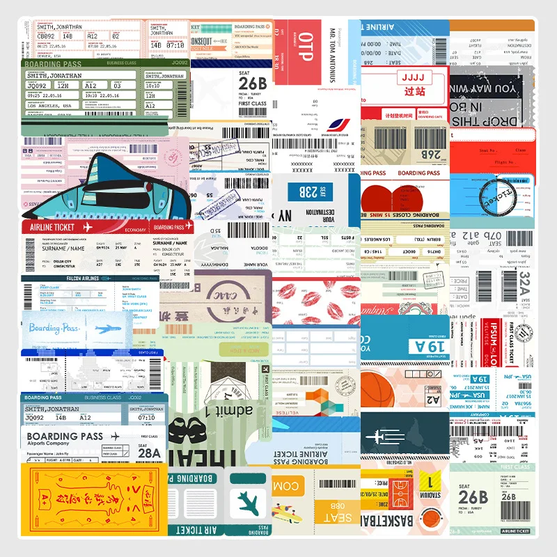 

52pcs Boarding Passes Stickers Aesthetic Scrapbooking Diary Planner Travel Sticker Graffiti Luggage Laptop Car Phone Stickers