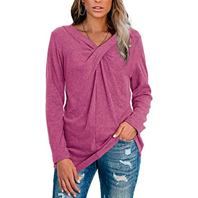 

European And American Women's Tops Explosive Models V-neck Sleeves Collar To Twist Casual T-shirt