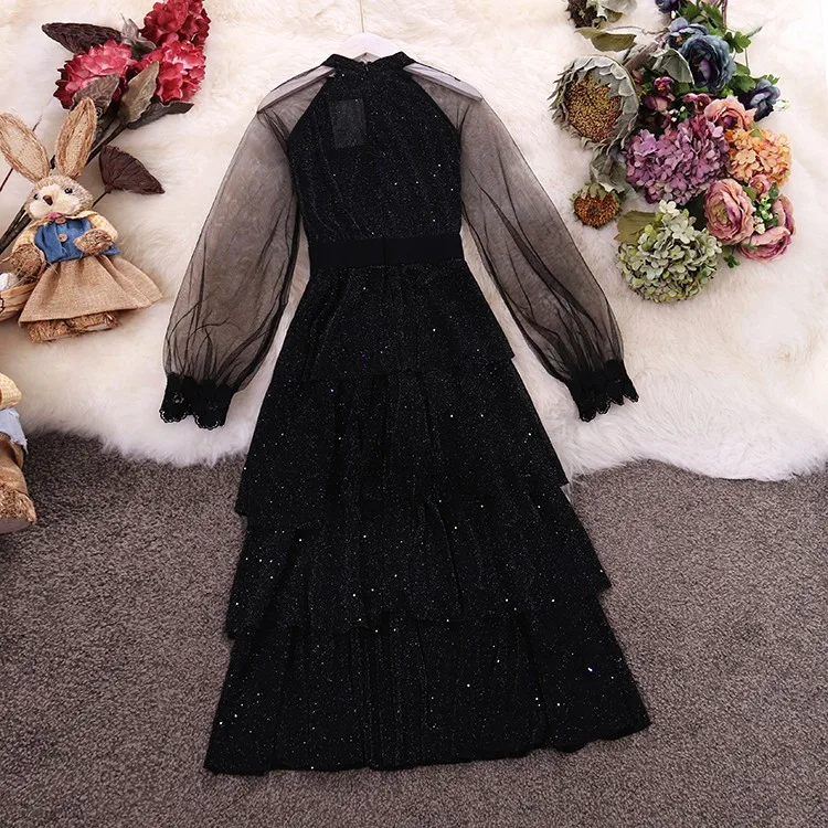 2019 autumn winter new women O-neck gauze bubble sleeve waist ruffles bright silk ball gown dress female elegant tiered dresses |