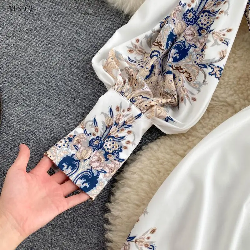 

FMFSSOM 2021 Spring Women Vintage Notched Collar Puff Sleeve Long Dress Single Breasted Floral Print Court Dress with Belt