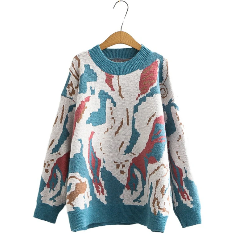 

Women Geometric Knitted Sweater Casual Loose Pullover Female 2020 Autumn Winter Long Sleeve O-neck Retro Jumper