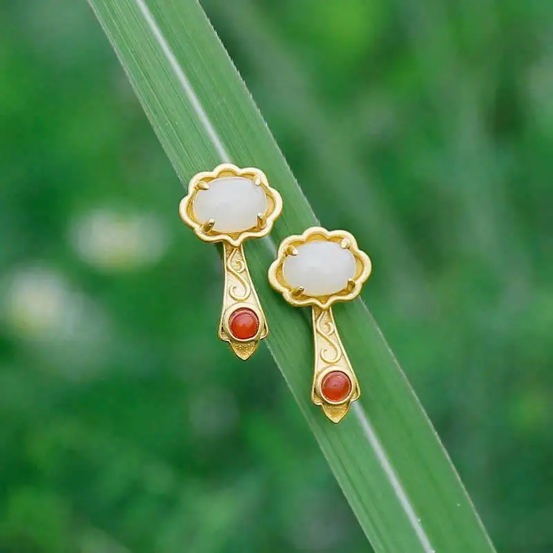 

[Good Luck] Natural Hetian Jade White Jade Ruyi Female Stud Earrings 925 Silver Jade Antique and Ethnic Style Earrings