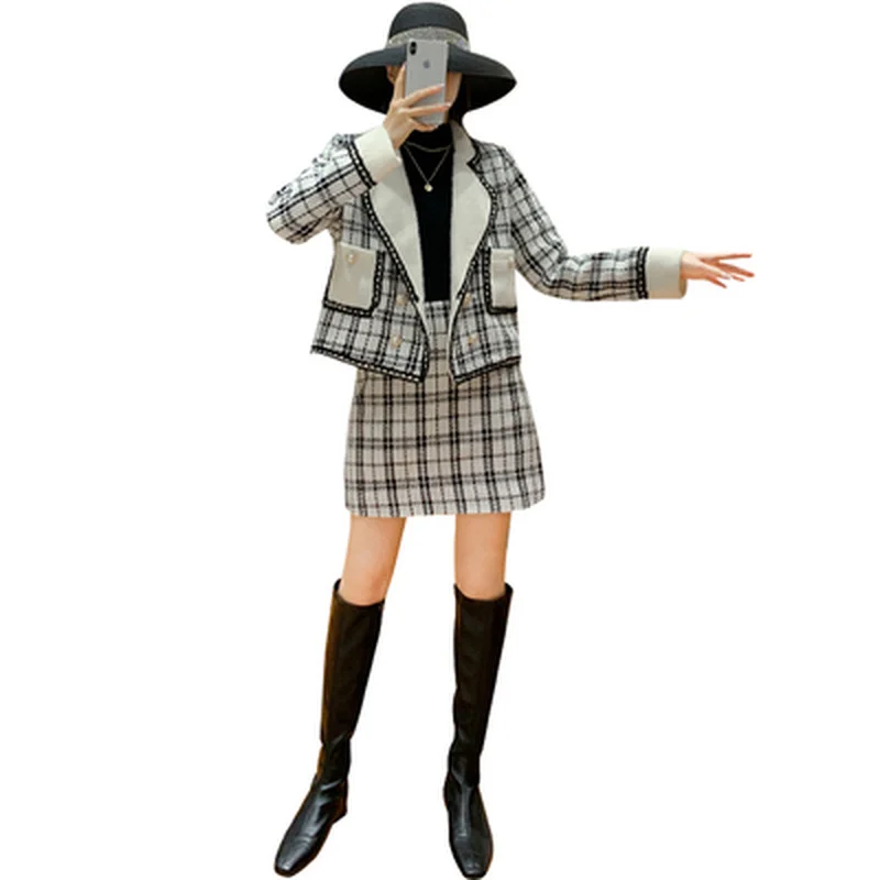 

2020 Autumn Winter Women Fashion Casual Small Fragrance Suits Short Style Long Sleeve Woolen Plaid Coat + Zip Waist Mini Skirts