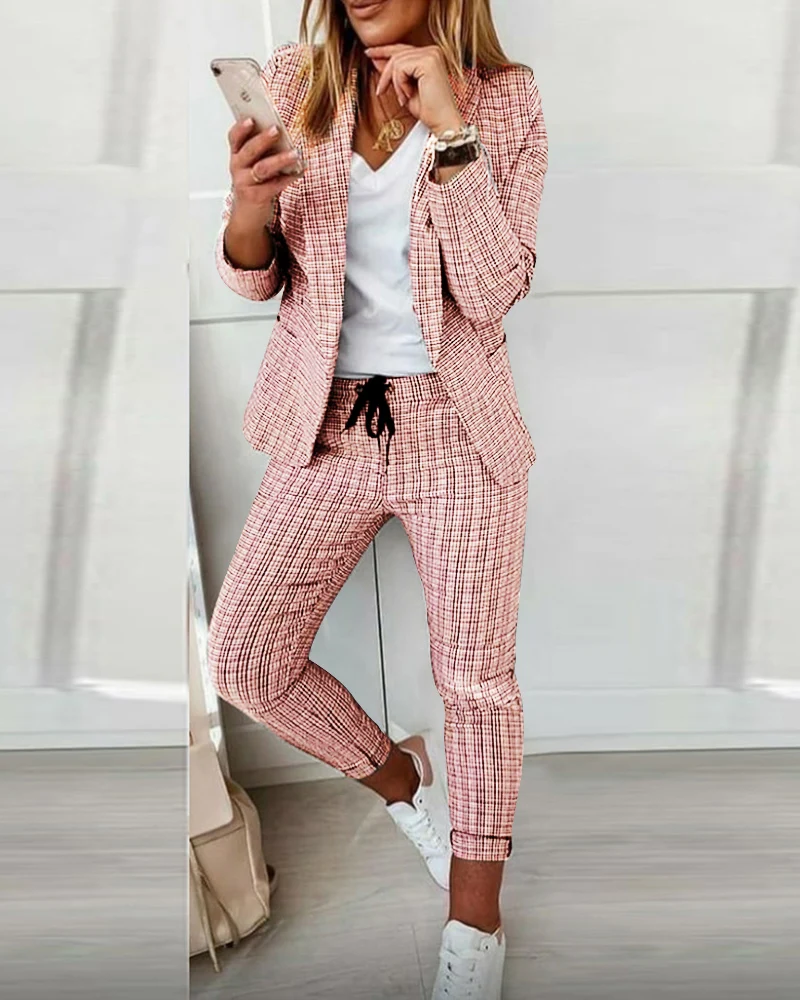 2022 Autumn Casual Plaid Print Long Sleeve Blazer Coat & Drawstring Pants Set Two Pieces Suits Womens Elegant Ladies Tops Lounge