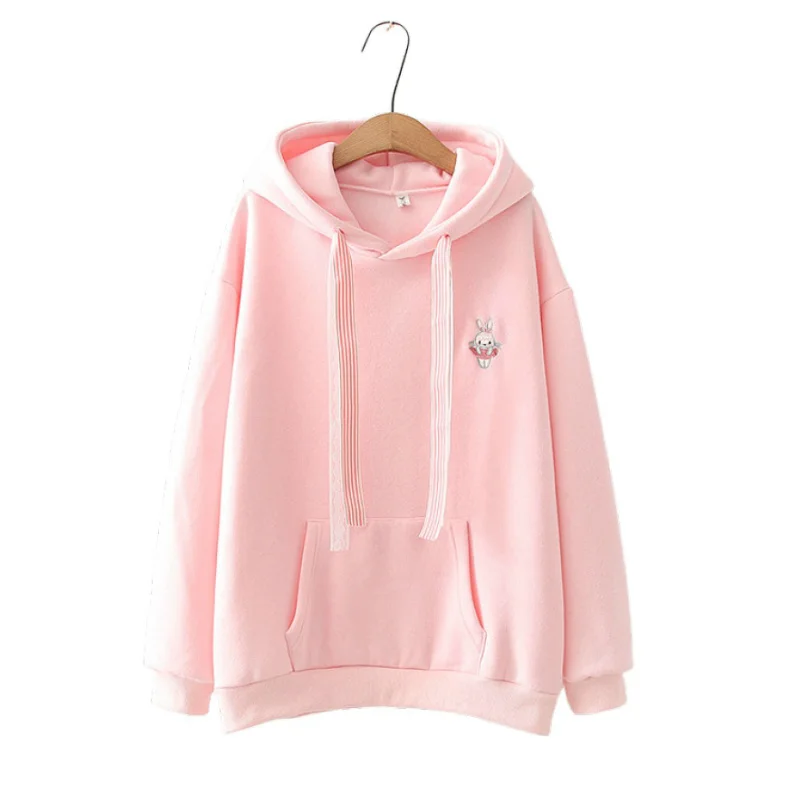 

Harajuku Pink Cartoon Rabbit Embroidery Casual Cute Hooded Sweatshirt Women 2020 Winter Sweet Style Hoodies For Teen Girls Top