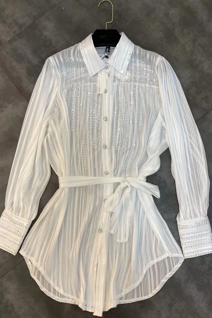 

Plus Size Real Full Blouse Korean Women's Shirt 2020 Spring New Lapel Long Sleeve Rhinestone Bright Belt Female Woman Clothing