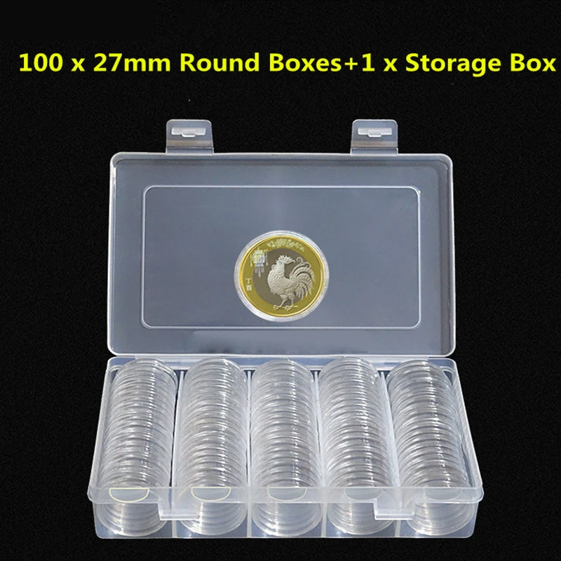 100pcs 27mm Round Plastic Holder Capsules Container with Storage Organizer Box Foam Gasket for Coin Collection Case | Дом и сад