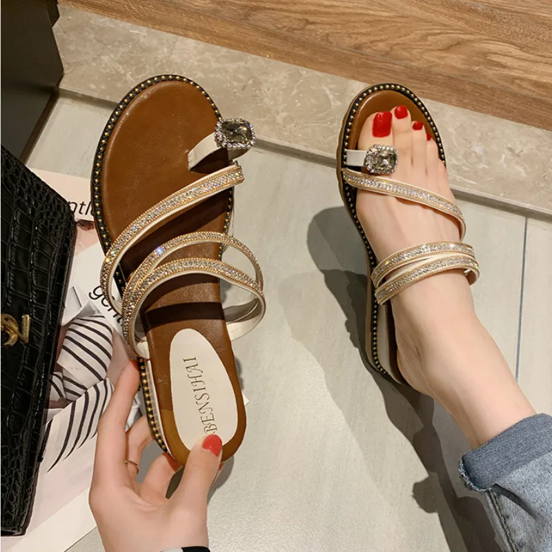 Women Shoes Summer New Fashion Toe Thick bottom Sandals Leisure Solid Outside Wedges Shallow  4cm High Heels Wear two Con cise