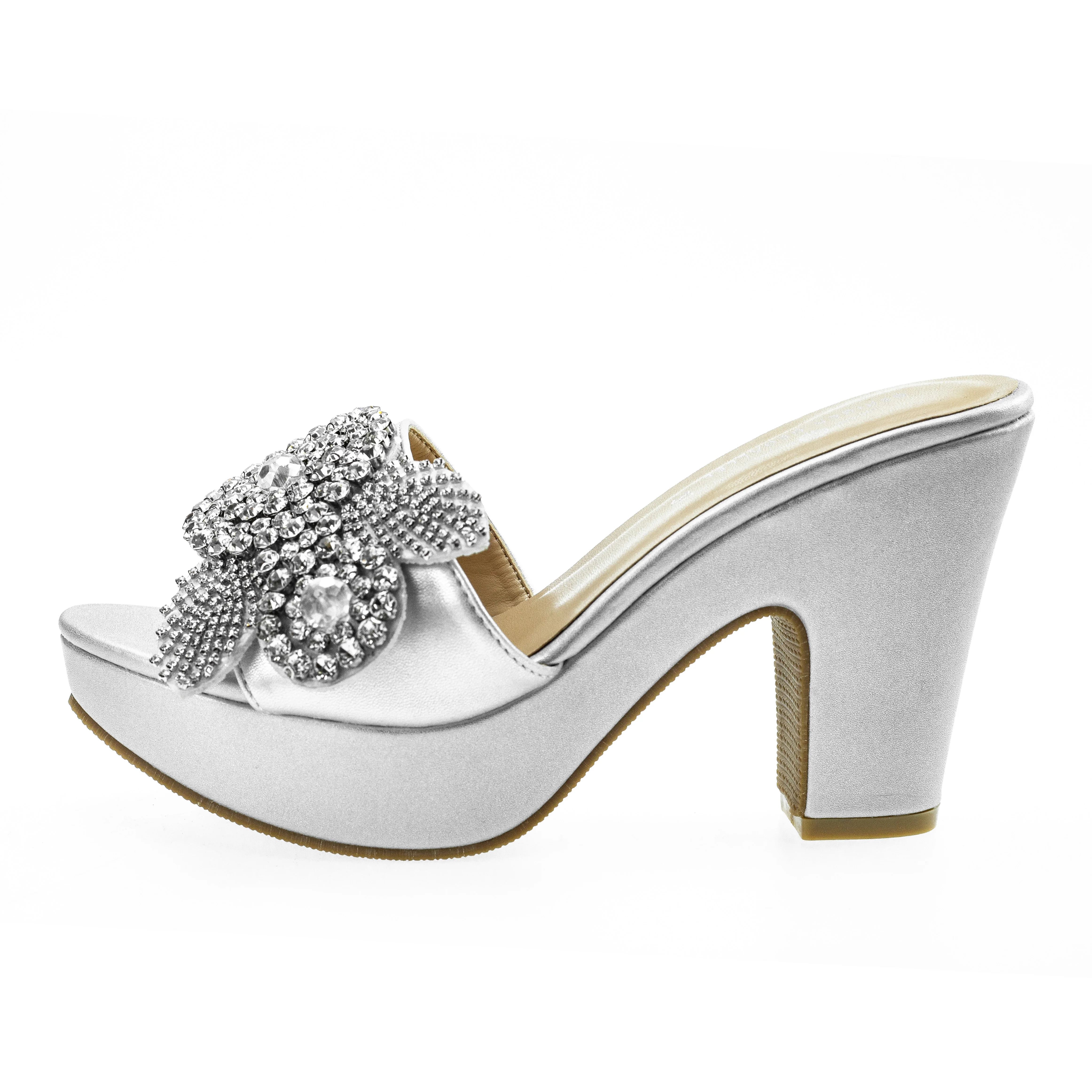 Floral Decor Chunky Women Mules Sandals Silvery Ladies Platform Shoes 6245-34 Plus Size 41 42 Party Dress Pumps Sqaure Heel Shoe